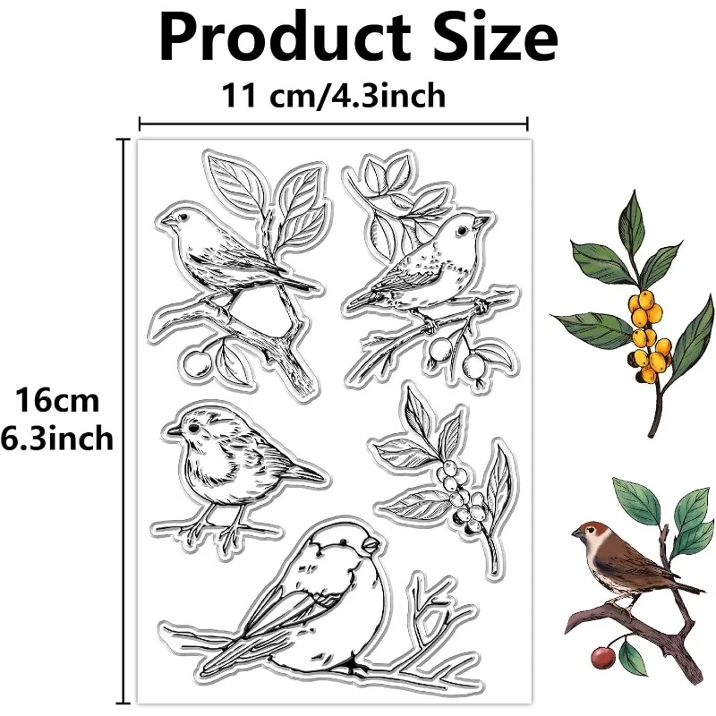 1Sheet Birds on Branches Clear Stamps Berry Retro Transparent Silicone Stamp Seals for Handmade Photo Album Journaling Card