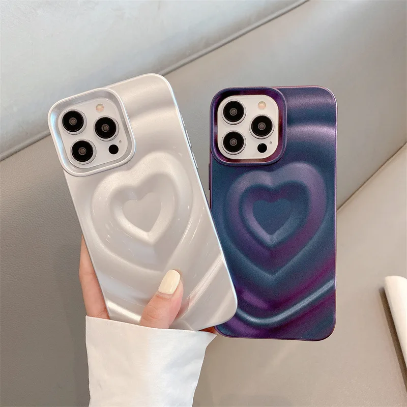 Funda de teléfono con purpurina y corazón de amor ondulado chapado en Color caramelo coreano para iPhone 17 16e 15 14 13 12 Pro Max, funda protectora a prueba de golpes