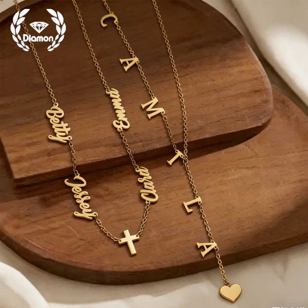 Diamon Custom Multiple Names Necklace Personalized Stainless Steel Chain for Women Letter Pendant NameplateJewelry Gift