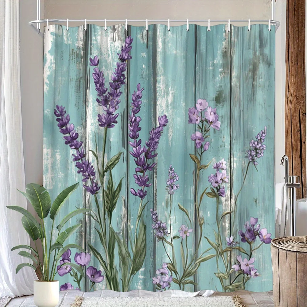 Luxury Polyester Floral Shower Curtain Waterproof Botanical Wood Grain Bathroom Decor Curtain Purple Lavender Spring Accent