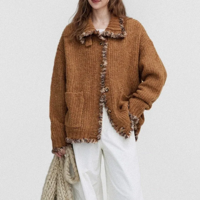2026 Autumn/Winter New Korean Pumpkin Collar Knitted Open Woolen Sweater Thick Edge Loose Warm Loose Sweater  Knitted Cardigan