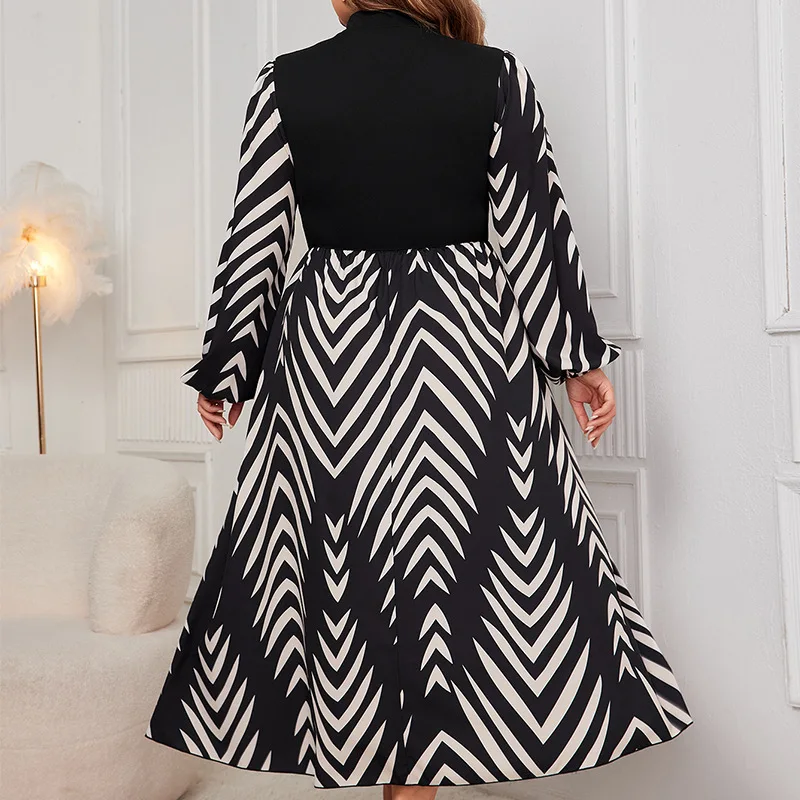 Plus Size Maxi Dresses Splicing Long Sleeved Dress Autumn New Collection Slimming Elegant Bubble Sleeves High Waisted Long Skirt