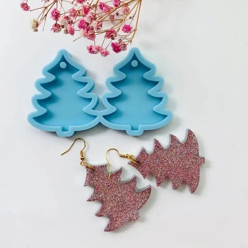 91AF Christmas Pine Tree Eardrops UV Resin Epoxy Mold Ear Dangles Casting Mold