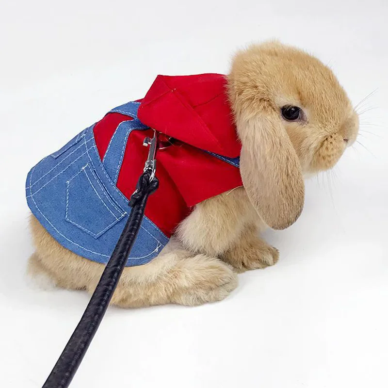 

Denim Rabbit Bunny Costume Clothes with Buckle Leash Walking Pet Harness for Small Animals Gotas Guinea Pig mascotas Accessories