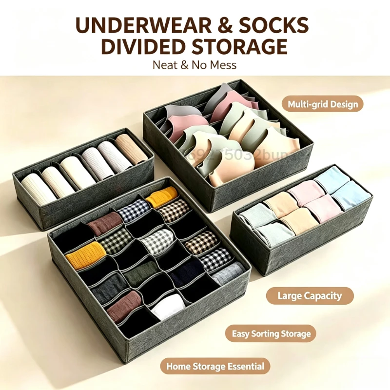 Beige Fabric Storage Box Clothes Large Capacity Bra and Underwear Clothing Organizer Boxes Divider for Closet Bedroom Wardrobe