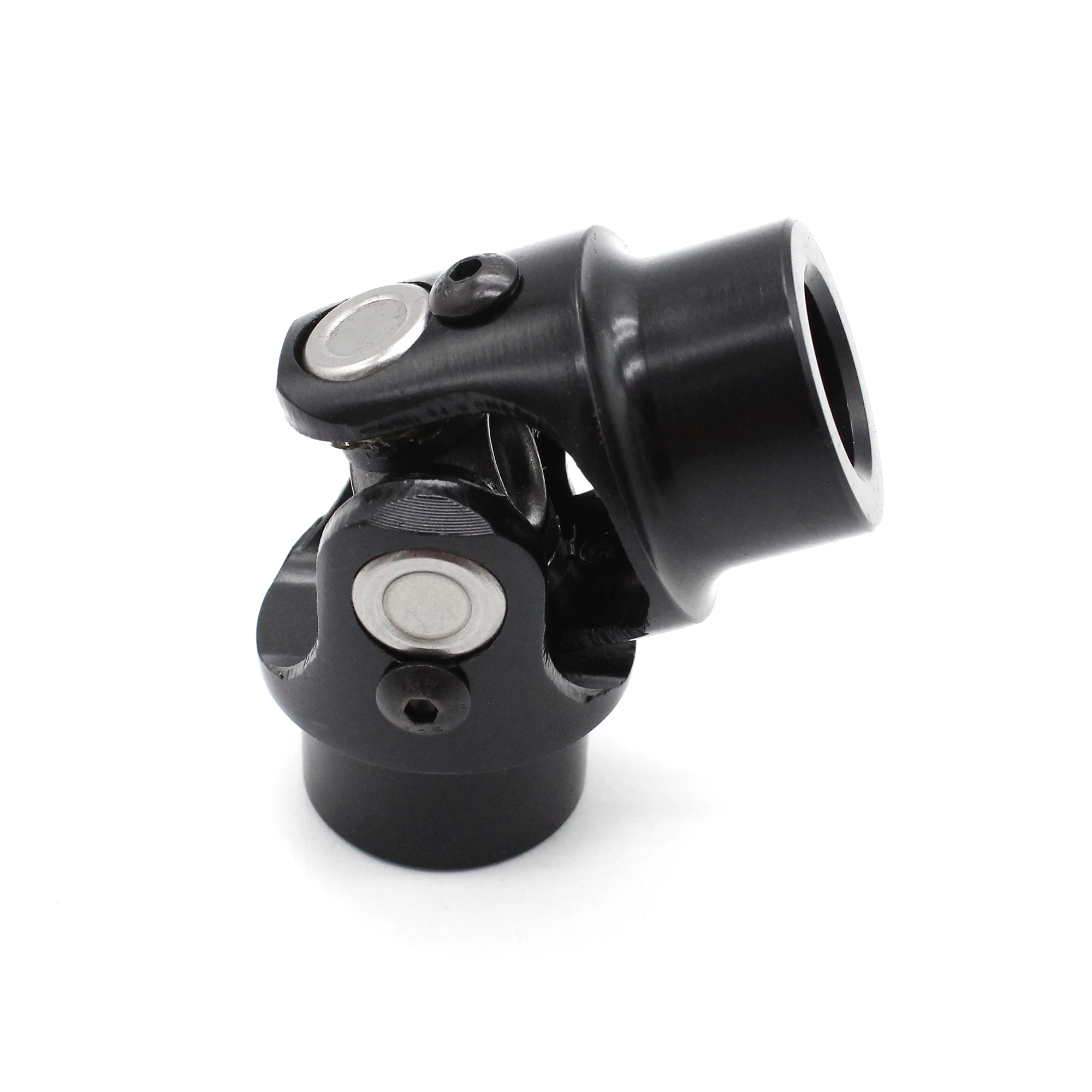 Steering Wheel Universal Joint, Made of Black Steel, Single-Joint Design, 3/4-inch Round x 3/4-inch Round, Total Length 3-1/4 inch, Outer Diameter 1-5/8 inches.