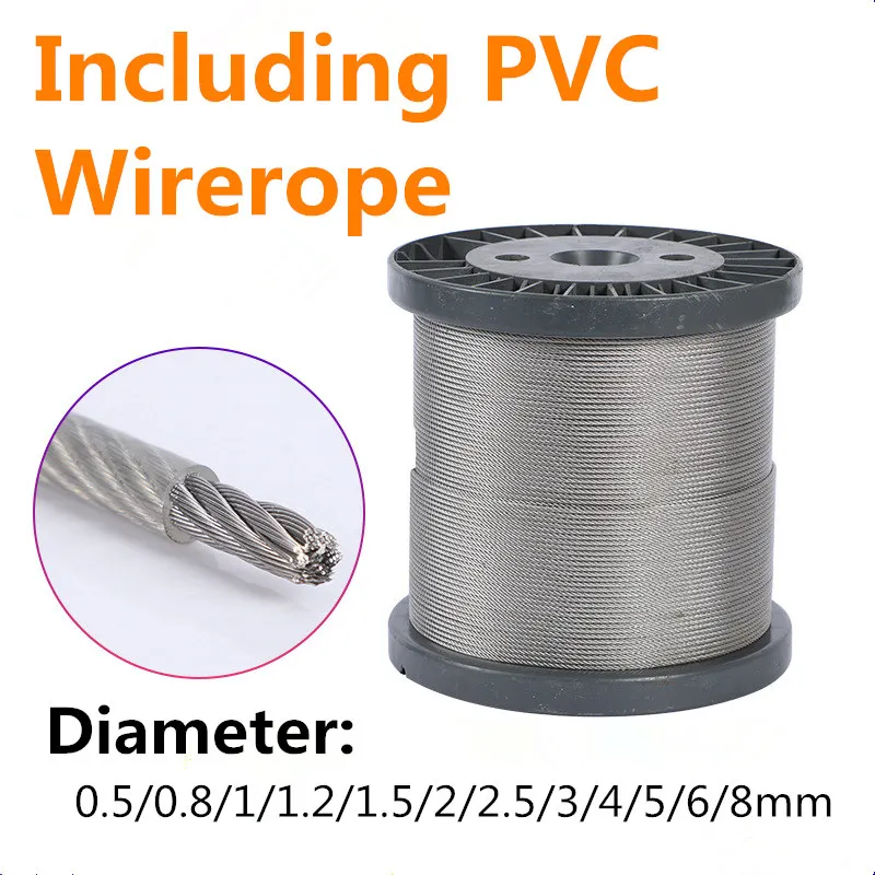 Transparent PVC Coated 304 Stainless Steel Wire Rope Clothesline Cable Diameter 0.5mm-8mm Length 2-100m No Burr for Home Garden