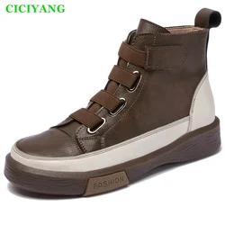CICIYANG 2025 Autumn Genuine Leather Women's Casual High Top Sneakers Girl Retro Student Single Shoes Flats Female Short Boots