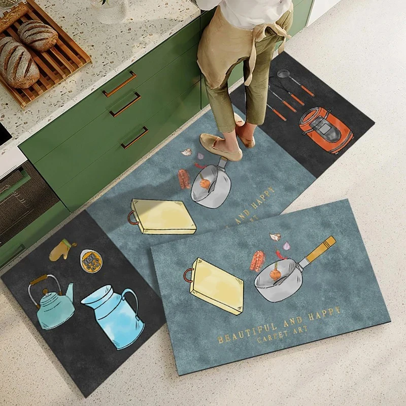 VIKAMA Modern Kitchen Floor Mats Set of 2 Non-Slip Absorbent Stain Resistant Oil Proof Washable Runner Rugs with Utensil Print