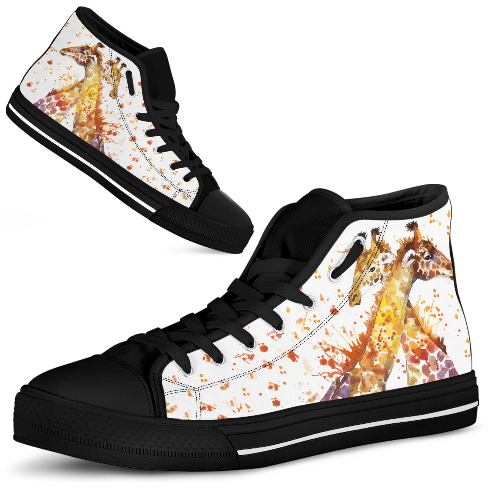 ELVISWORDS 3D Cartoon Giraffe Women's Shoes Watercolor Art Printing Giraffe Painting Canvas Shoes High-top Lace-up Flat Shoes