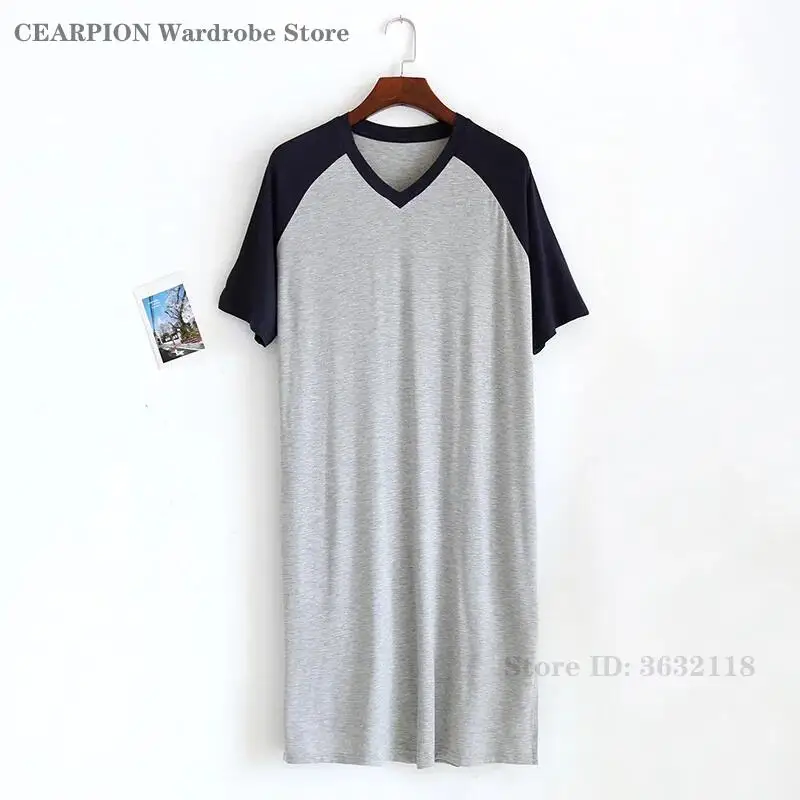 Nightgowns for Men Summer Thin Modal One-Piece Sleepwear Mid-Length Loungewear V-Neck Nightdress Homewear Loose Casual Nighty