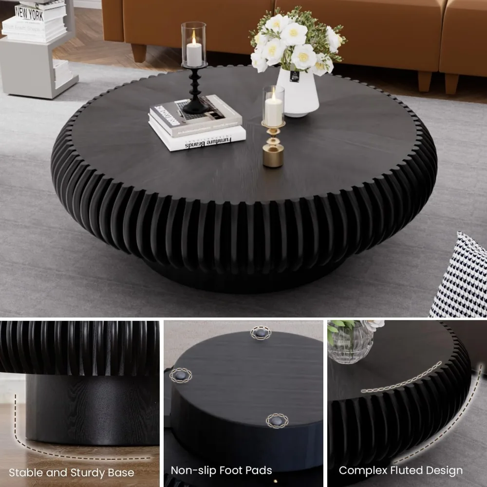 39.3 Drum Coffee Table Modern Unique Fluted Tea Table Contemporary Wood Round