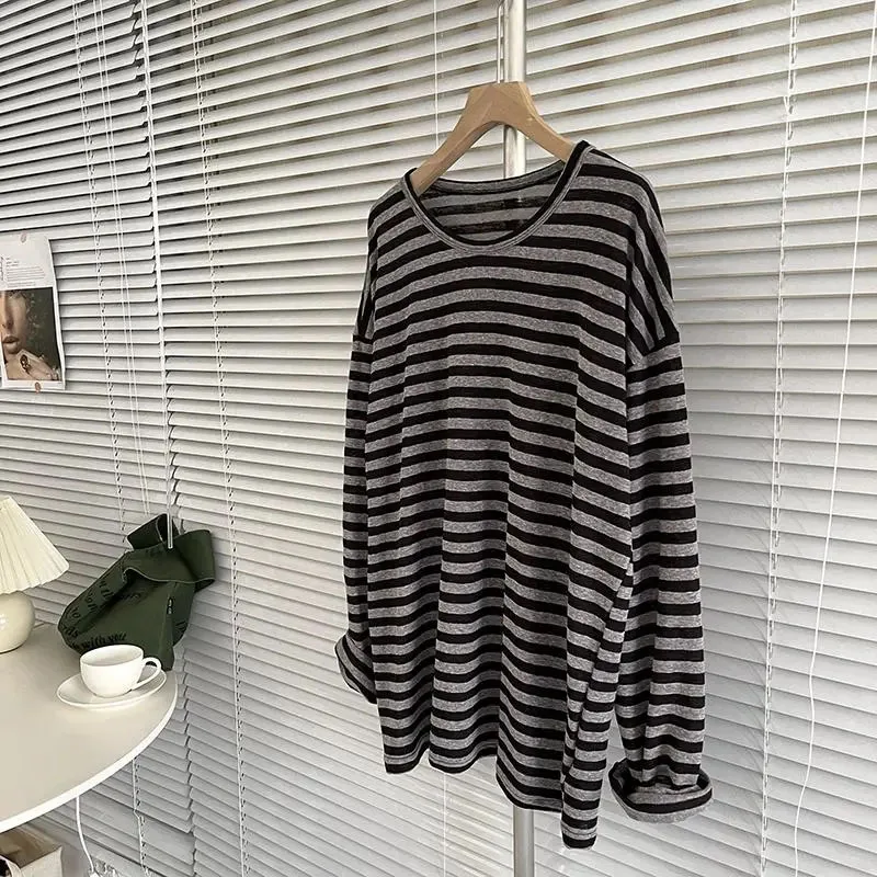 Streetwear Striped Long Sleeve T Shirt Women Spring Autumn New Loose Casual O Neck Tops Korean Vintage Female Tees Bottoming