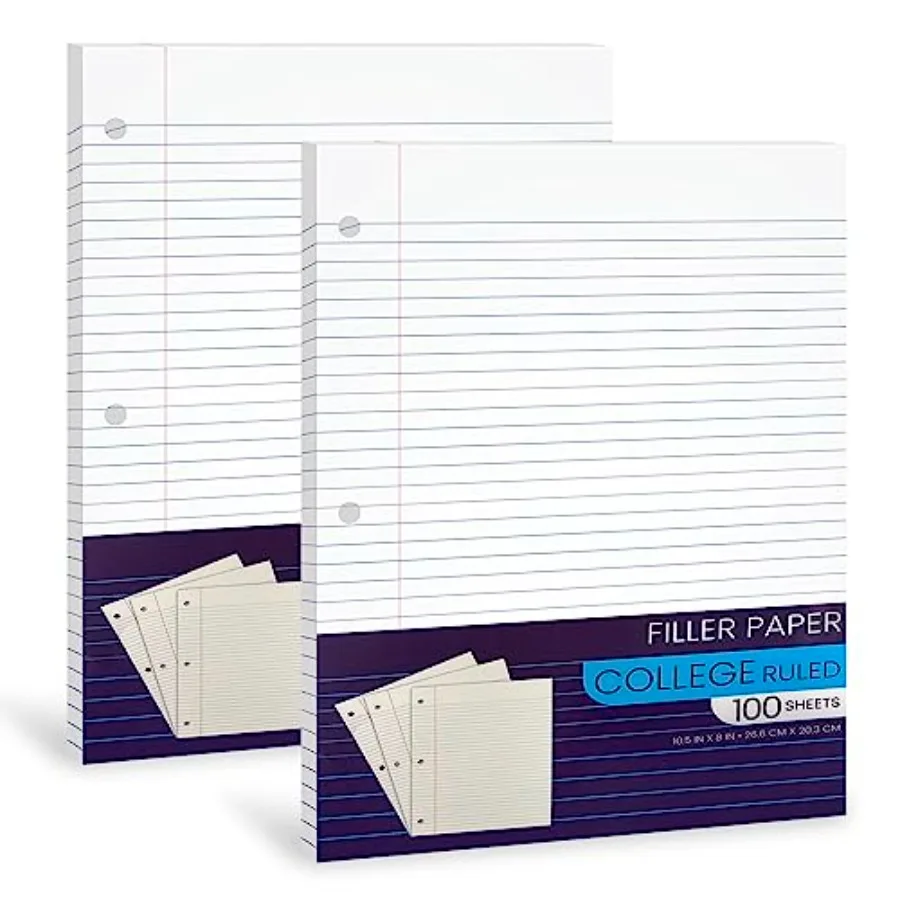 

Notebook Paper College Ruled, Loose Leaf Paper for 3 Ring Binders - 10.5' X 8", for Students, School Classroom - 100 Sheets