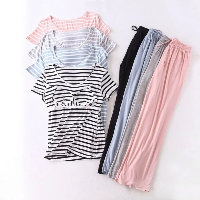 

Summer Women Pijama Modal Striped Pyjama Femmes M-XXL Plus Size Women's Sleepwear Home Short Sleeve With Chest Pad Pajama Set