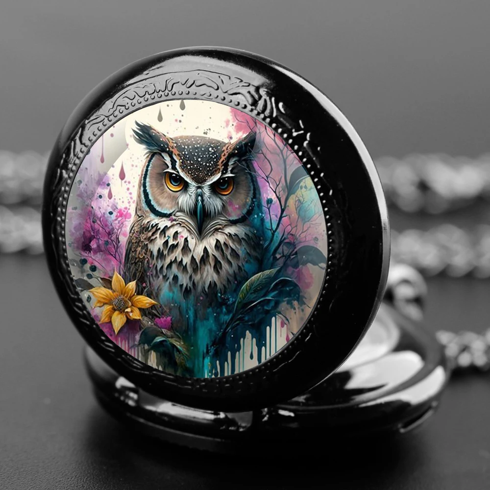 Painted Owl Design Glass Dome Quartz Pocket Watch With Durable Chain Arabic Numeral Dial For Men And Women Creative Gifts