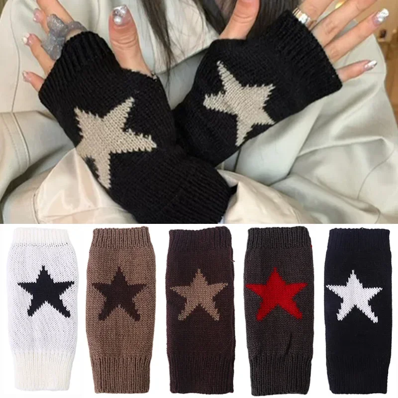 Vintage Y2k Knitted Half Finger Star Gloves Winter Warm Woolen Fashion Black White Soft Hand Fingerless Gloves Preppy Mittens
