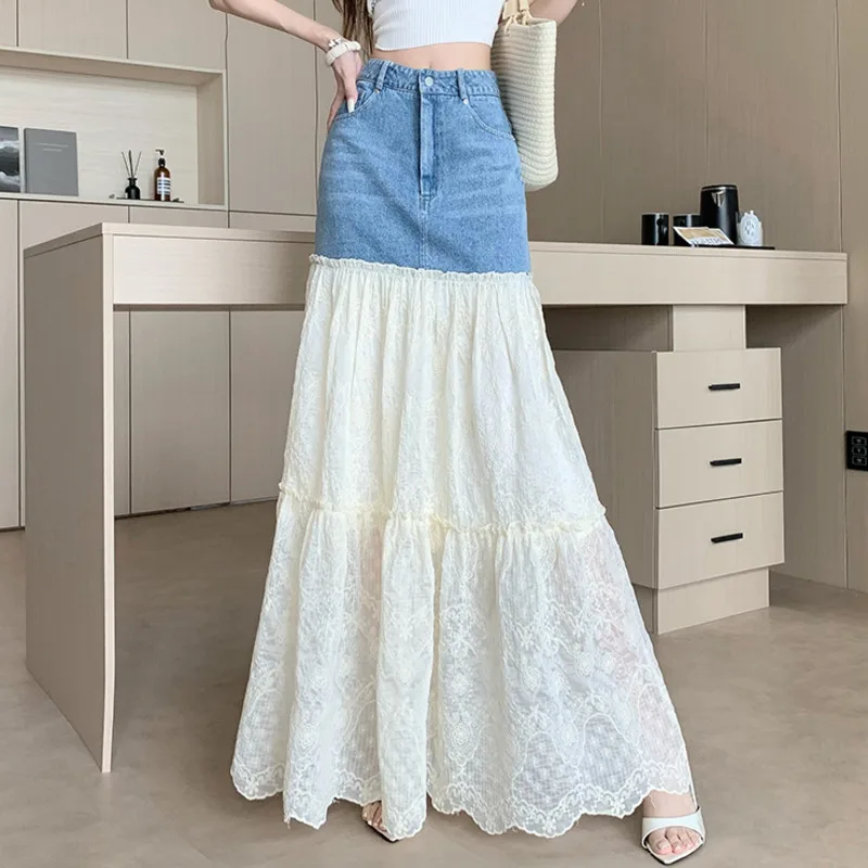 ANJY été nouvelles femmes douce jupe dentelle Patchwork Denim contraste couleur plissée élégant à la mode haute rue décontracté Y2K jupes A9695