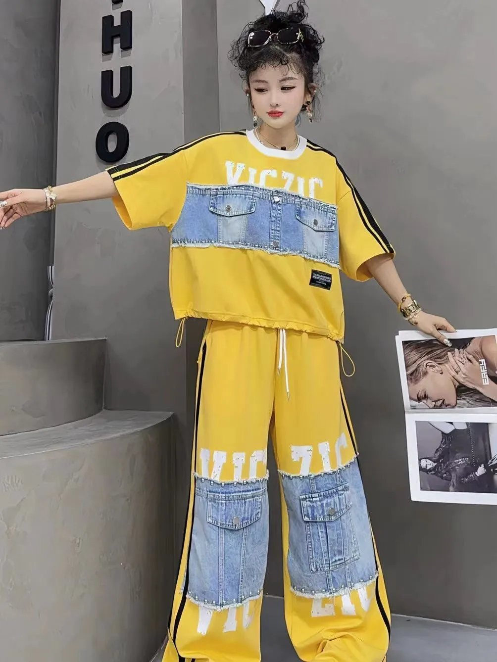 

Trendy Denim Print Set Women's Summer 2026 Loose Short Sleeve T-Shirt And Straight Leg Pants Fashionable Casual Outfit