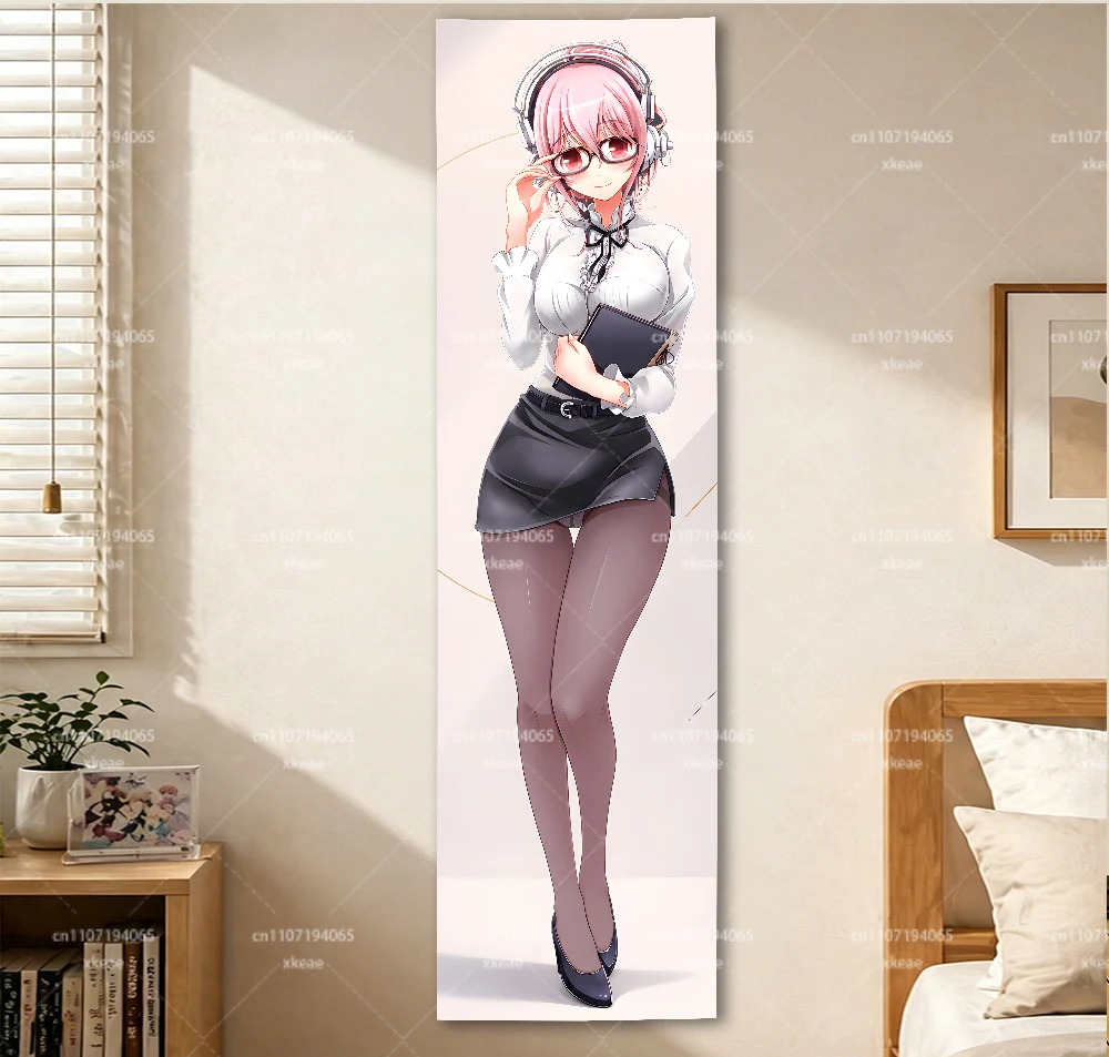 Super S-Sonico Office Lady Vertical Tapestry, Pink Hair Glasses Anime Girl Long Wall Hanging Bedroom Door Decor