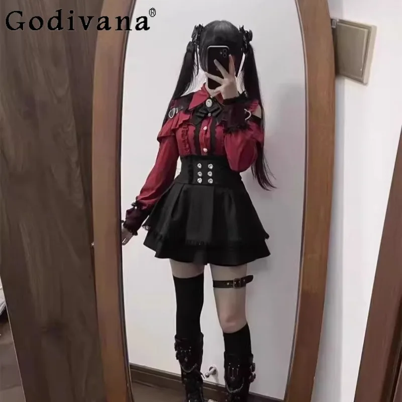 

JK Uniform Set for Women Off Shoulder Long Sleeve Shirt Lace Patchwork Puffy Skirt Outfits Female Japanese Lolita Suits