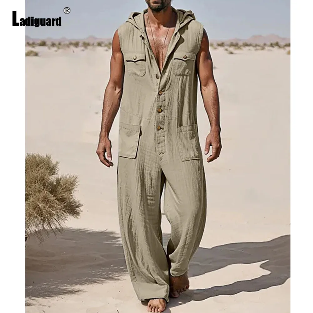 Men Stand Pockets Wide Leg Pants Cotton Overalls 2024 America Europe Style Casual Hooded Bodysuit Plus Size Mens Baggy Jumpsuits