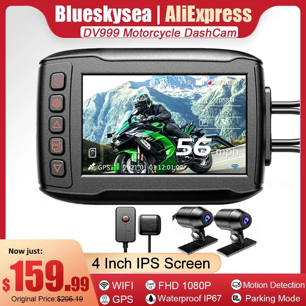 Blueskysea DV999 4'' Motorcycle Dash Cam GPS WiFi Front and Rear 1080P Motocycle Camera DVR Motorcycle black box Moto Recorder