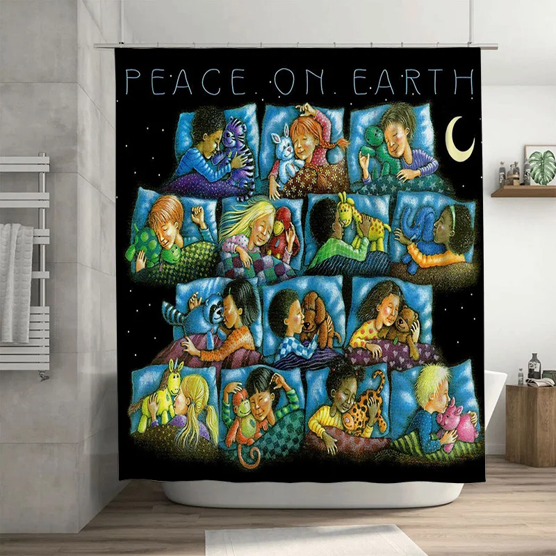 

Cozy Kids Sleep Shower Curtain Multicolored Illustration featuring Children with Pets in Bed for a Calming Nursery Ambiance (36x