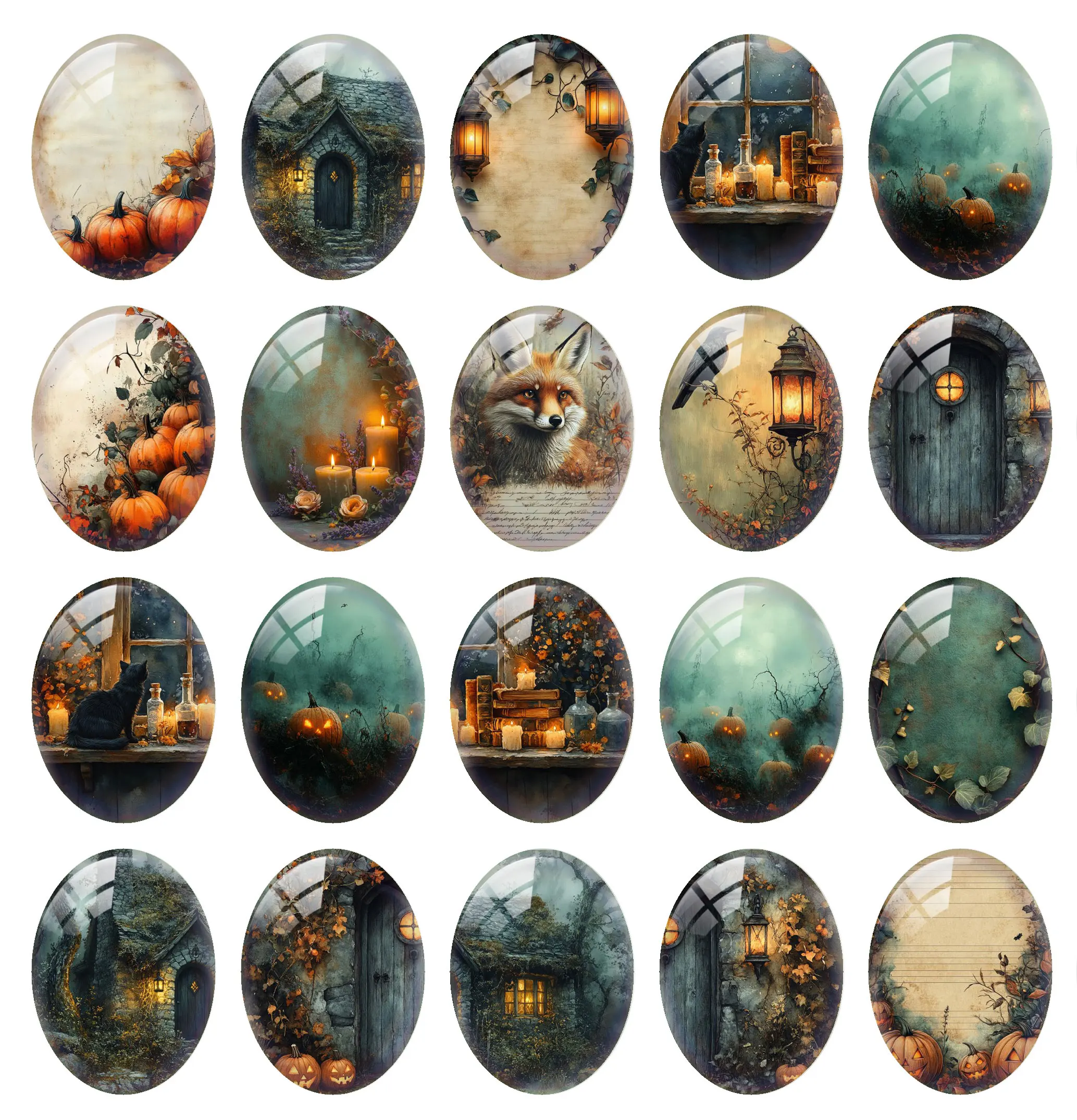 10pcs/lot Halloween Gothic Horror Pumpkin Crow Cat Fox Candle Oval Photo Glass Cabochon Flatback Demo Cameo Diy Jewelry Making