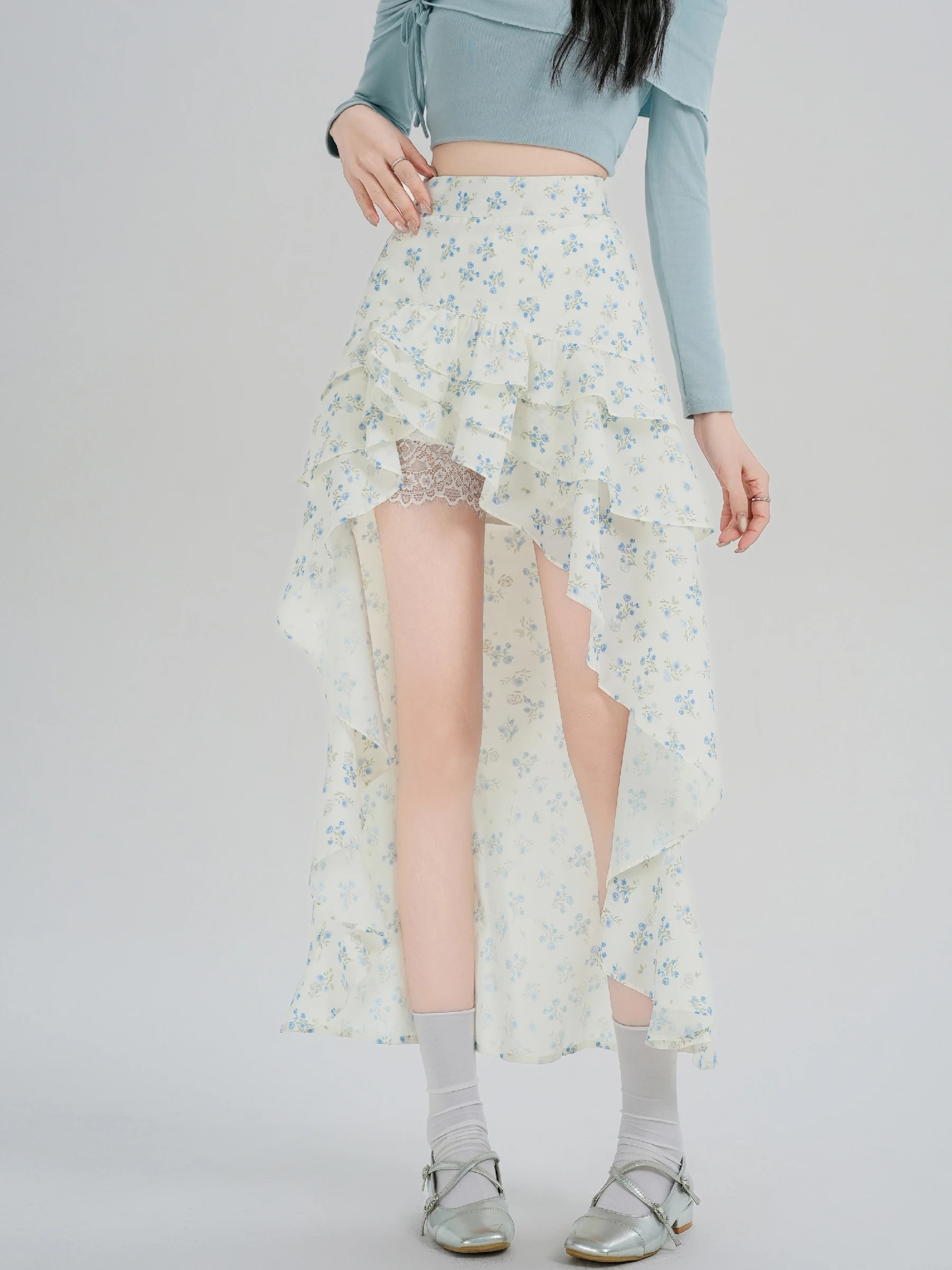 

Floral Print Asymmetrical High Waist A-Line Skirt Women's Spring Summer Lightweight Luxury Sensation Cake Long Skirt