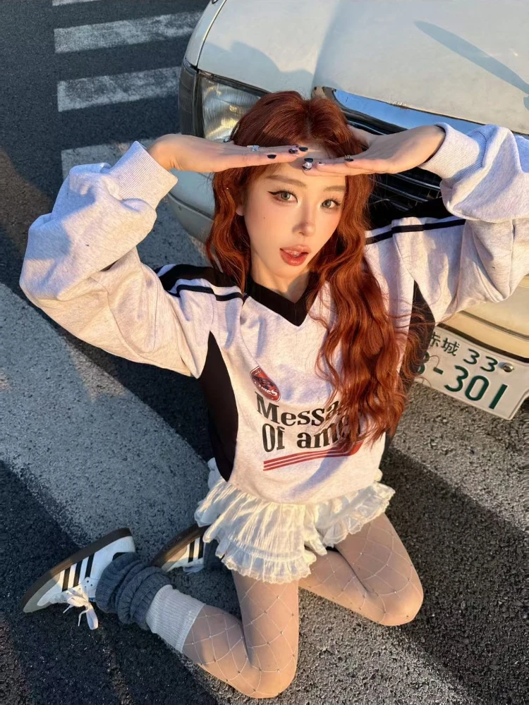 Y2k – sweat à capuche avec lettres imprimées rétro américaines pour femmes, col en V, mode coréenne, Streetwear, surdimensionné, manches longues, 2025