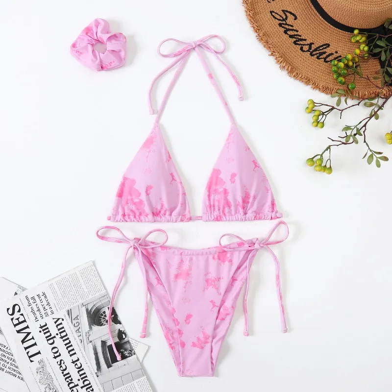 2024 new split European and American foreign trade flag high waist tether swimsuit women's bikini cross-border bikini swimsuit