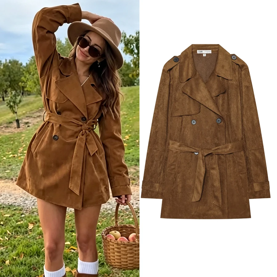 Women Autumn Winter Party Suede Trench Coat Women Belted Double Breasted Retro Street Chic Glamorous Trendy Lady Outerwear