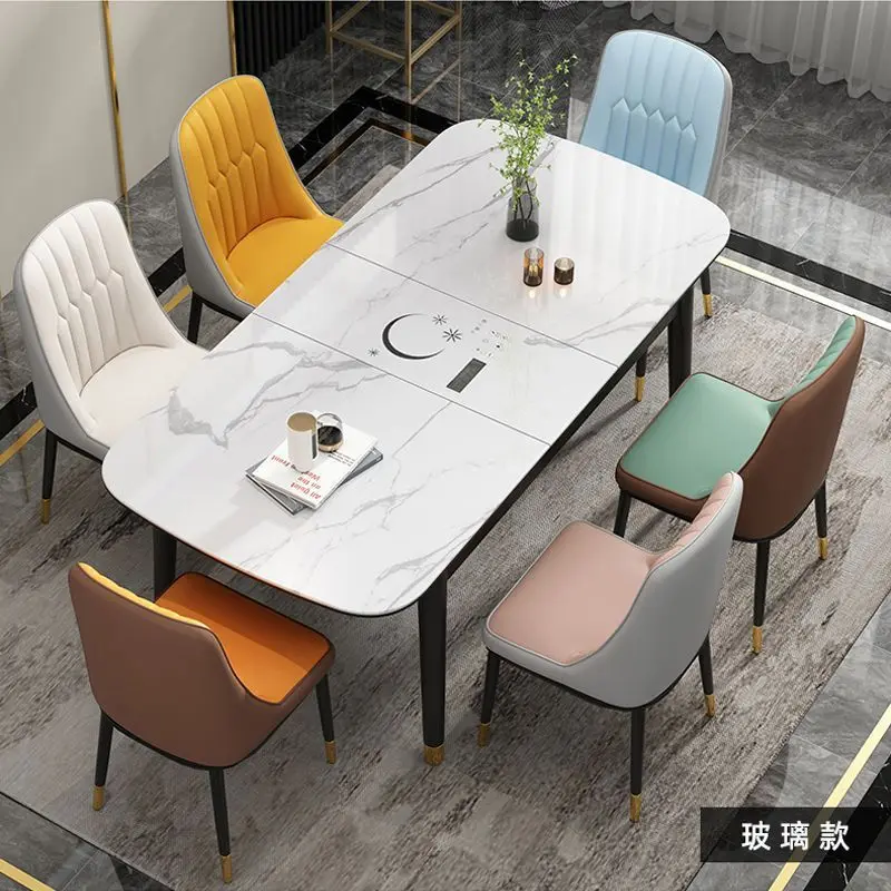 Rock slab dining table and chair combination household small apartment living room hot pot with induction cooker telescopic