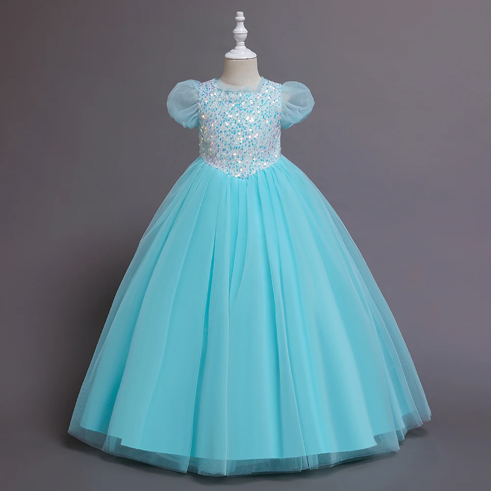 4 Colors 110cm-160cm European and American Children Dress Girl Short Sleeve Sequined Princess Floor-length Performance Vestidos