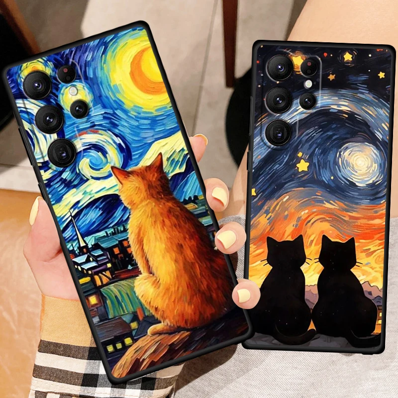 Art Starry Sky Cat Silicone TPU Black Phone Case For Samsung Galaxy S24 S23 S22 S21 S20 FE S10 S9 S10E S8 Plus Ultra Lite 5G