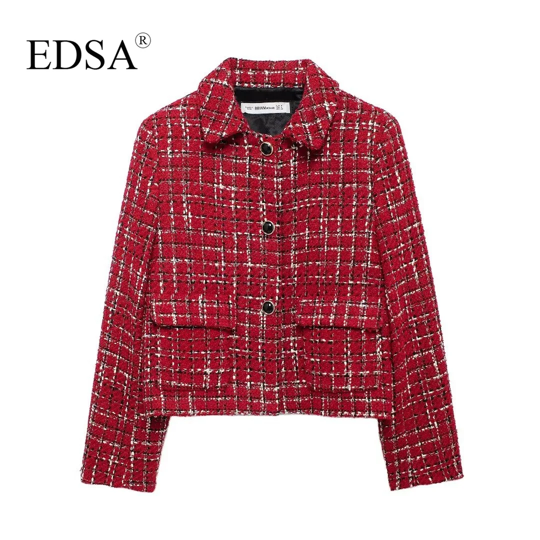 EDSA Women Tweed Skirt Set 2 Pcs Jacket with Shoulder Pads Flap Pockets High Waist Shorts Skirt for Female High Street Suits