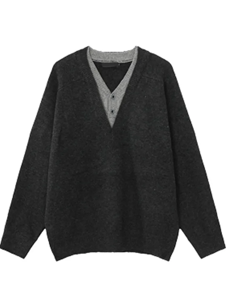 

Повседневный вязаный свитер с V-образным вырезом в стиле ретро, свободного кроя, для весны и осени, модный, городской, молодежный, из смесового полиэстера