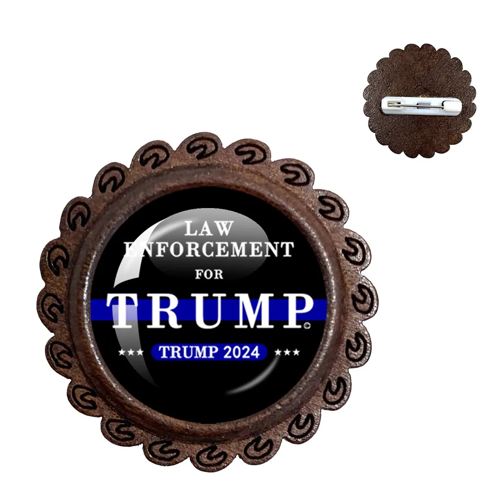 Trump 2024 Flag Brooch Save America Again Wood Brooch Jacket Backpack Brooch Accessories For Fans Friends Gifts Jewelry