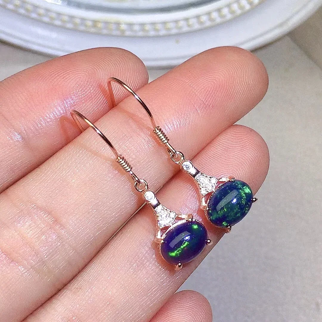 

Простые серьги-крючки из серебра 925 пробы с драгоценными камнями для женщин, серьги с натуральным черным опалом 6 мм * 8 мм, модные серьги с опалом