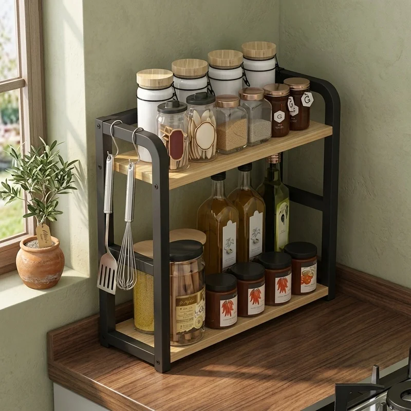 1pc 2-Tier Metal Countertop Shelf, Space Saving Kitchen Organizer Rack for Coffee Mugs Spices Condiments Pantry Storage