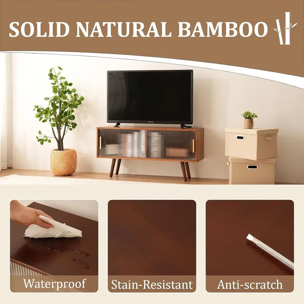 حامل تلفزيون من الخيزران، مركز ترفيهي، حامل تلفزيون حديث لمنتصف القرن لأجهزة التلفاز مقاس 50-55 بوصة، طاولة وحدة تحكم الوسائط باللون البني الريفي، #5