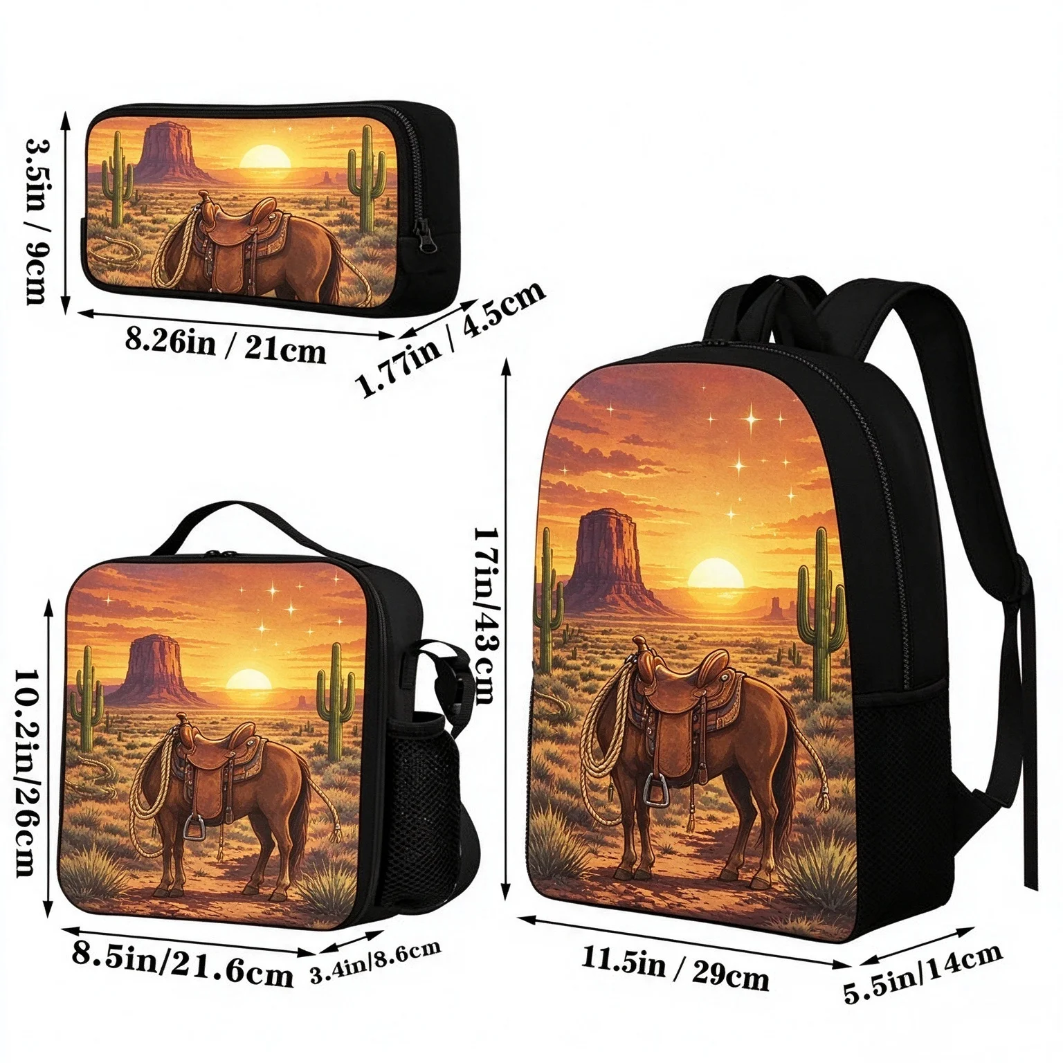 Custom Name 3Pcs Kids Backpack Set Western Cowboy Horse Saddle Desert Sunset Cactus School Bag Boys Bookbag with Insulated Lunch