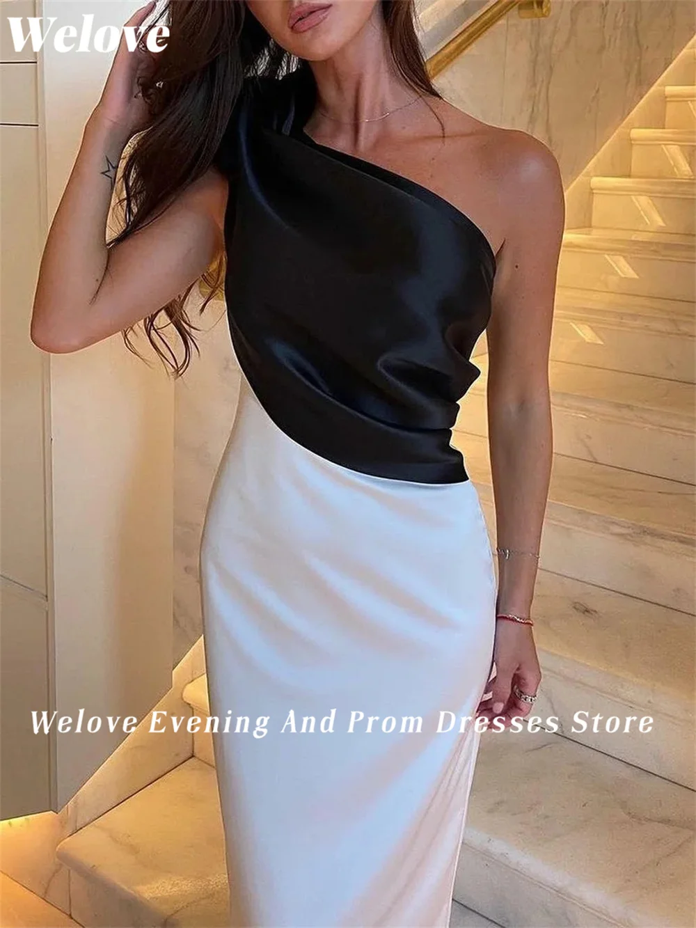 Welove Contrast Color One Shoulder Prom Dress Satin Mermaid Evening Gowns Pleated Robes De Bal Vestidos New 2024