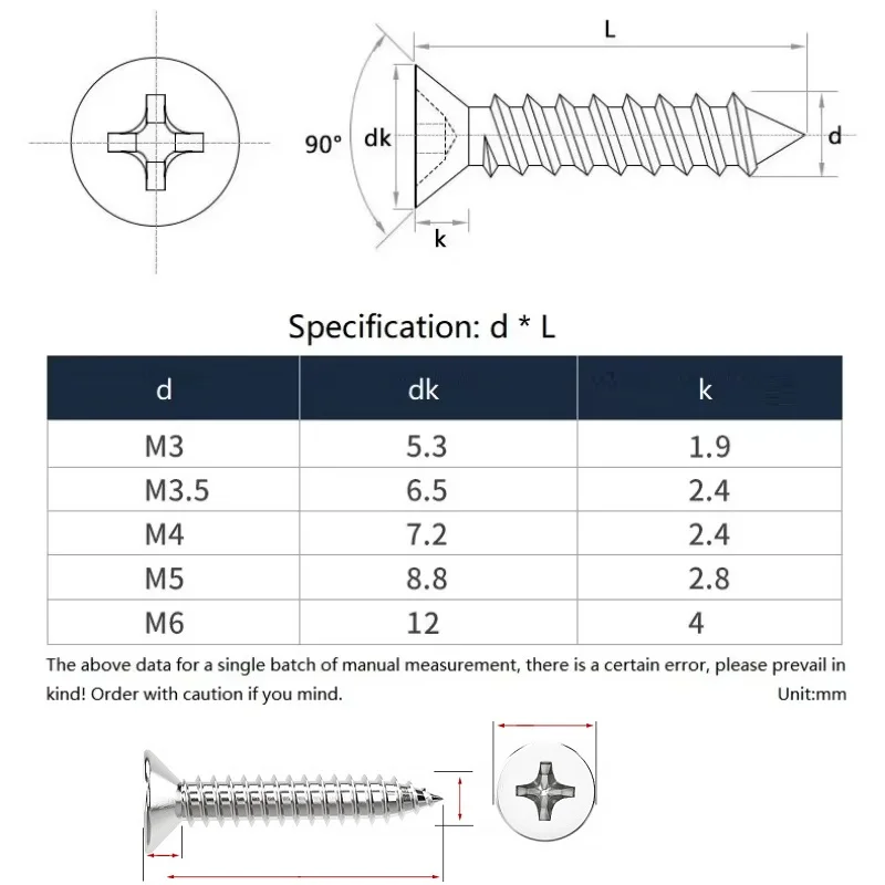 304 Stianless Steel 500h Passivation Salt Spray Cross Recessed Countersunk Flat Head Wood Self-Tapping Screws M3~M6