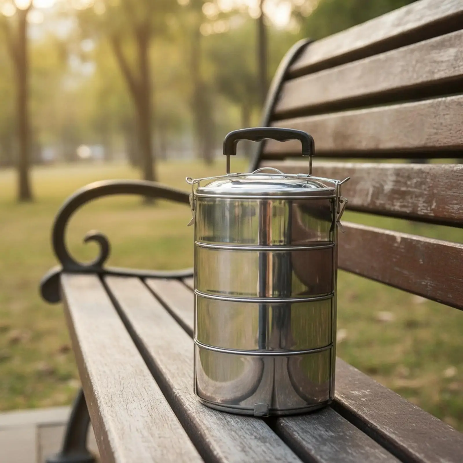 Insulated Steel Lunch Container with Secure Lid and Carry Handle Stacked Tiffin Box for Adult Worker Meals
