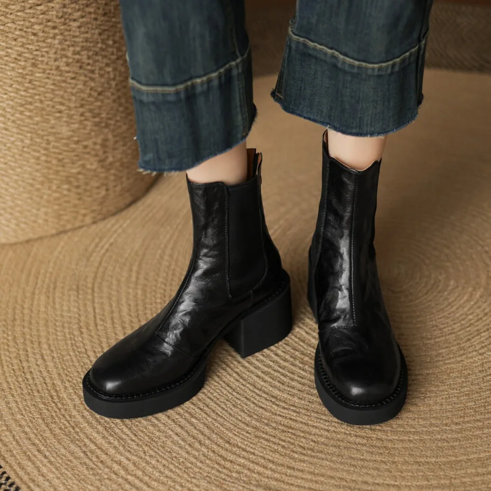 New Trend Autumn Winter Genuine Pork Leather Women Chelsea Boots High Block Heels Round Toe Slip on Ankle Boots(Black/Brown)
