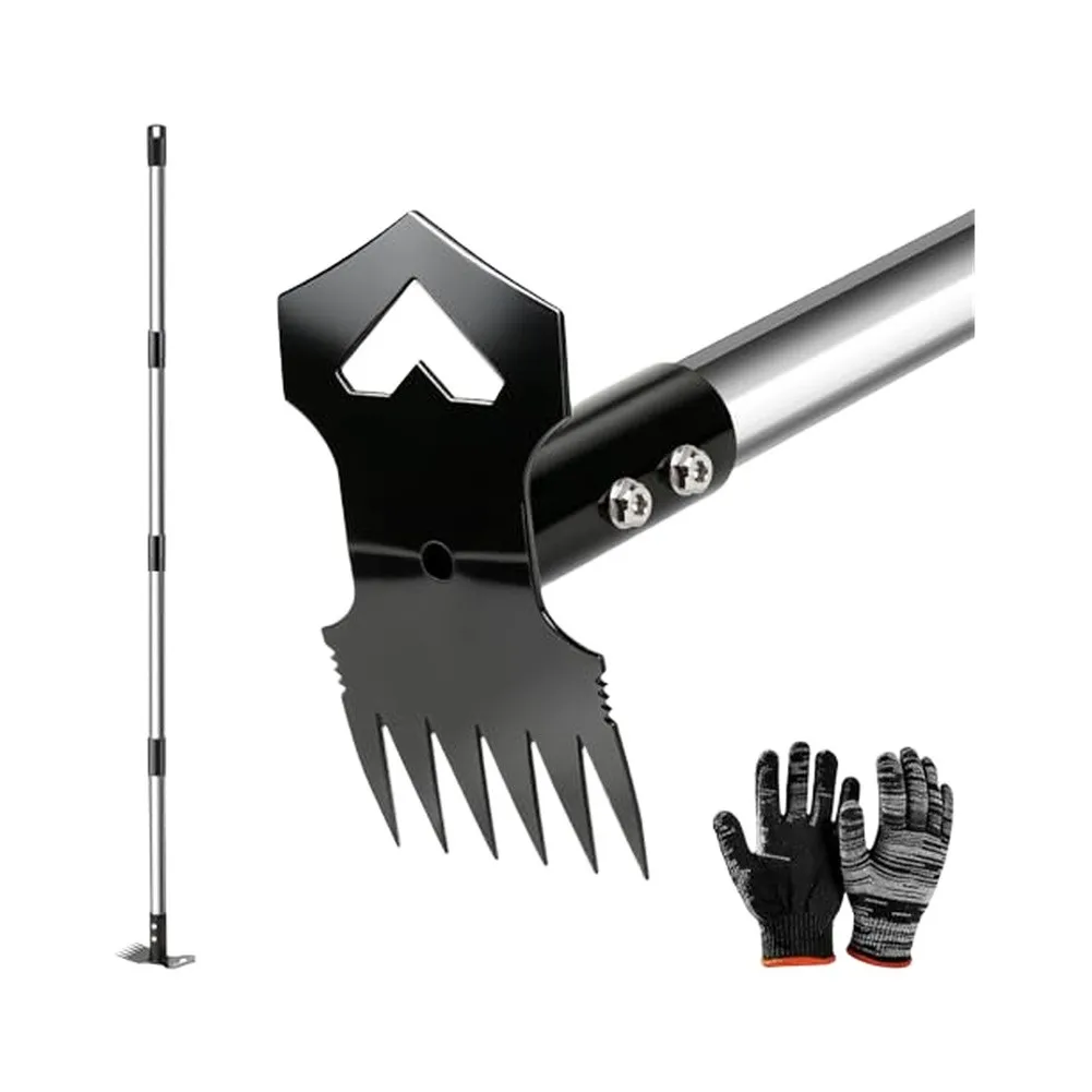 Cast Steel Rake with 6-Tine and Flat Blade Heads Plus Adjustable Stainless Steel Pole for Lawn Vegetable Patch and Walkway Care