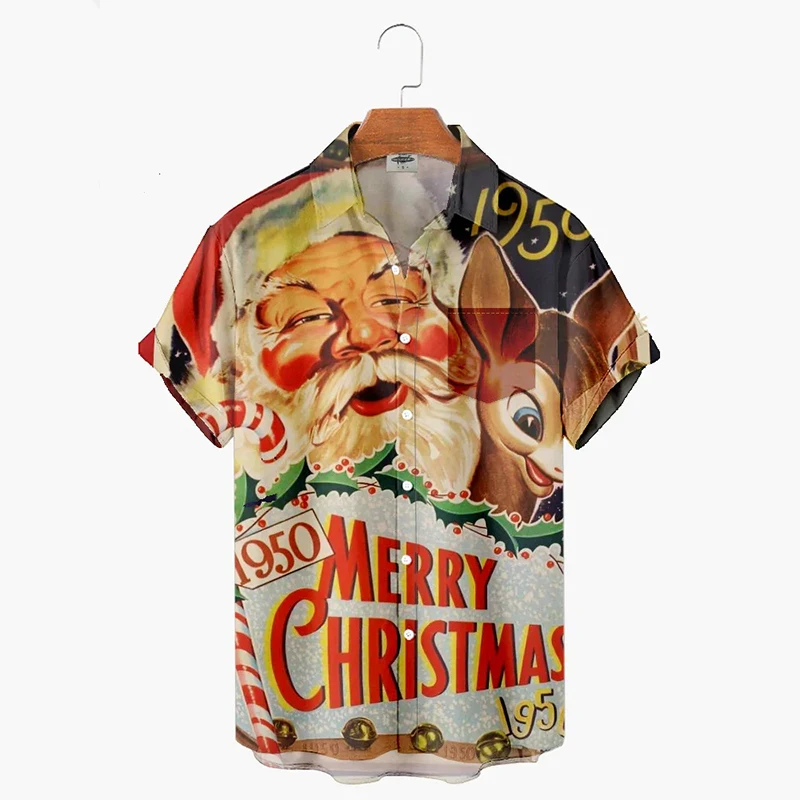 Men's Christmas Shirts Funny Hawaiian Shirts, 3D Printed Santa Claus, Christmas Reindeer Pattern Summer Men's Shirts