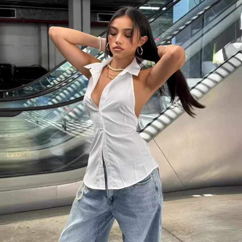 

Collar Hanging Neck Sleeveless Backless Pleated Single Breasted Top with Fashionable and Sexy Features, Solid Color White Shirt